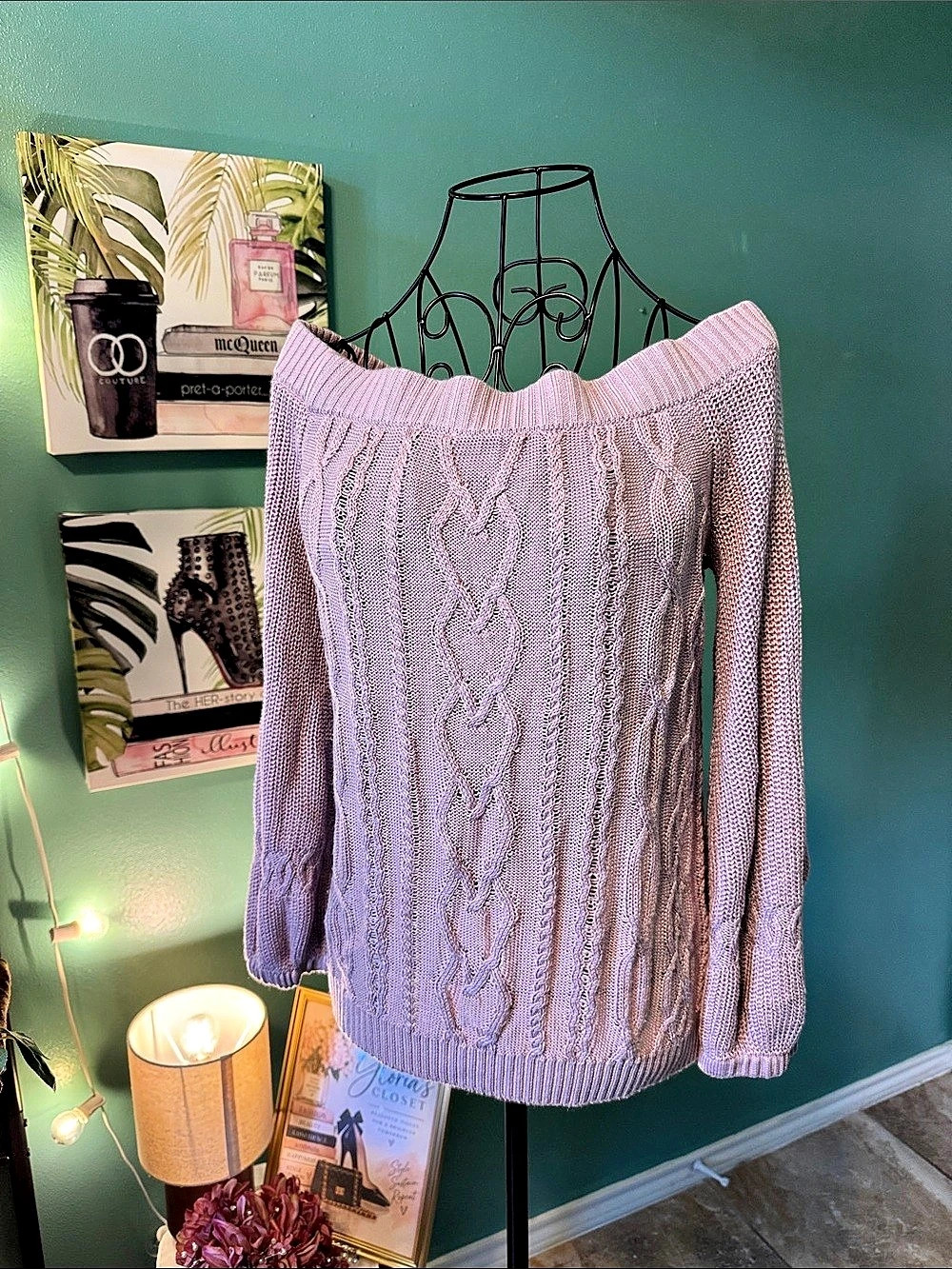 New York & Company Lilac  Cable Knit Wide Neck Sweater Size S